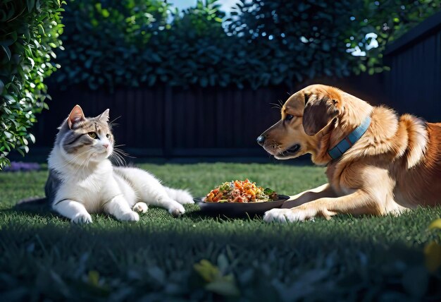 Mascotas perro y gato comiendo juntos en el patio cocina mascotas favoritas comida para animales