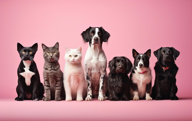 Mascotas unidas sobre fondo rosa IA generativa