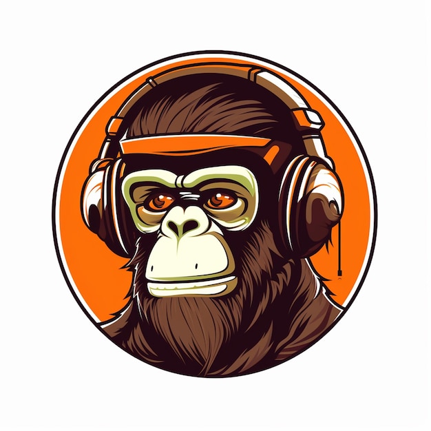 Foto mascote de cabeça de macaco usando um fone de ouvido