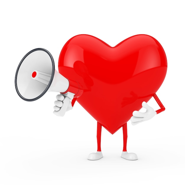 Mascote de caráter de coração vermelho com megafone retro vermelho em um fundo branco. Renderização 3D