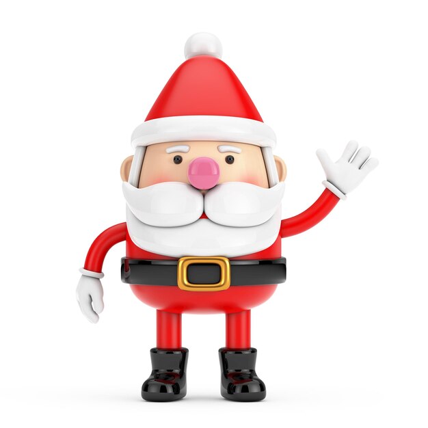 Mascote de desenho animado bonito Natal Papai Noel Pessoa Personagem acenando com a mão em um fundo branco Renderização 3D