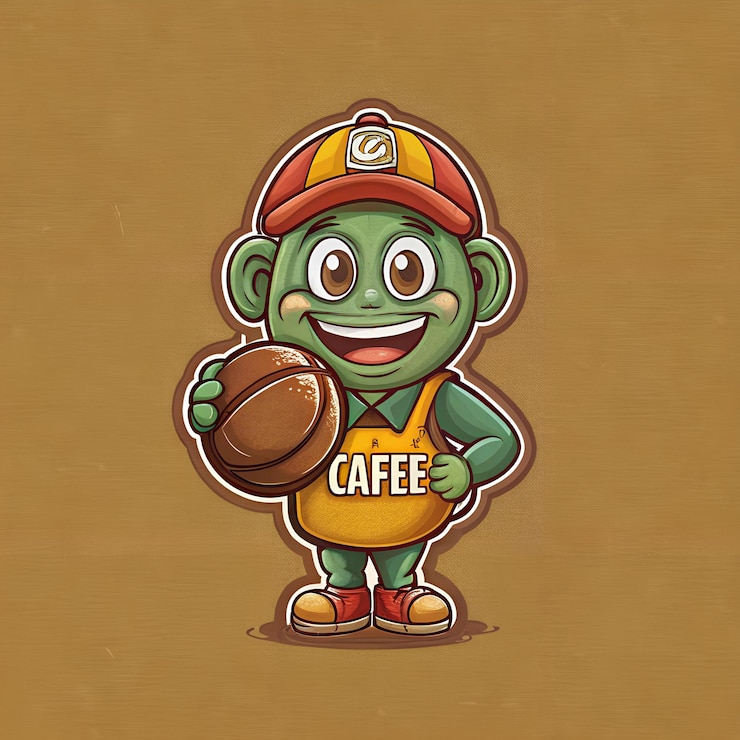 Foto mascote de desenho animado com logotipo de bola para um café