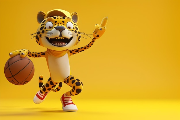 Mascote de leopardo 3D alegre jogando basquete em fundo amarelo vibrante