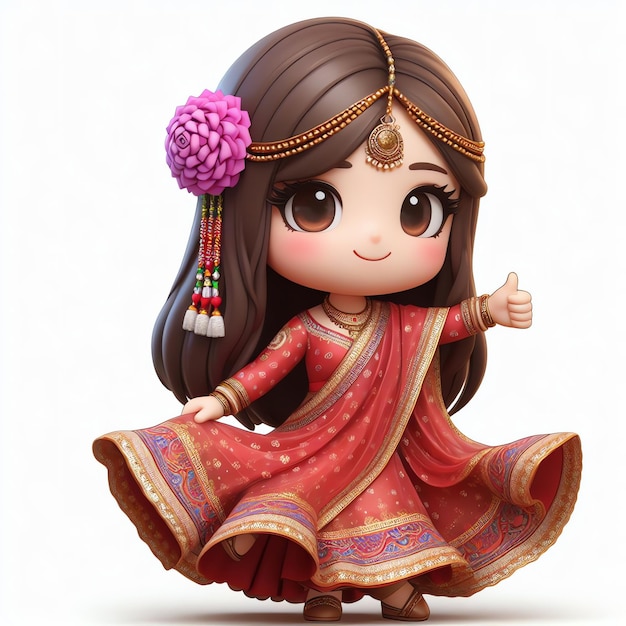 Mascote de menina chibi indiana bonita em sari tradicional em fundo branco