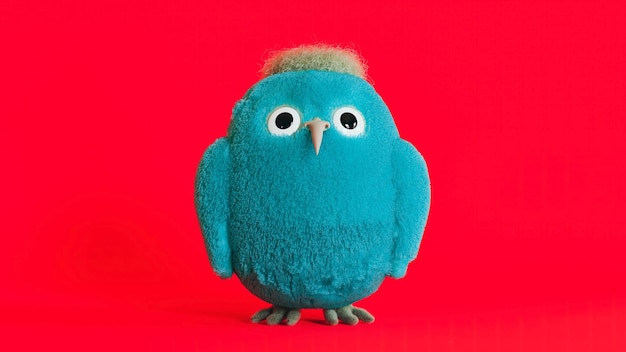 Mascote de pássaro fofo azul surpreendeu criatura peluda em uma renderização 3d de fundo vermelho