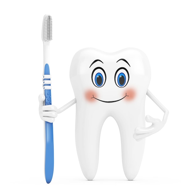 Mascote de personagem de dente branco com escova de dentes de plástico simples em um fundo branco renderização em 3d