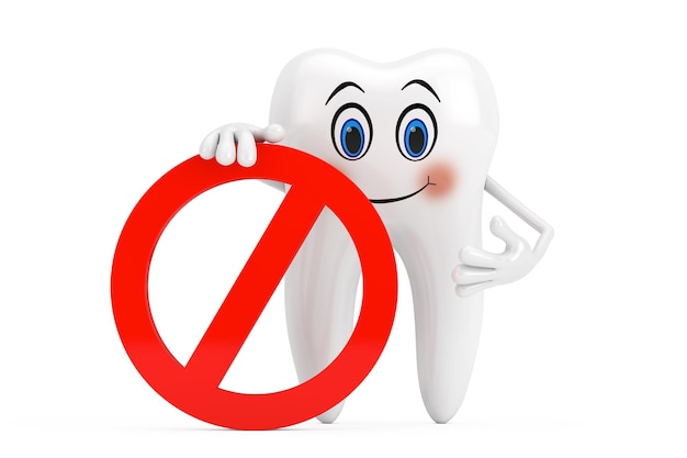 Mascote de personagem de dente branco com proibição vermelha ou sinal proibido em um fundo branco renderização em 3d