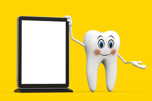 Foto mascote de personagem de dente branco com suporte de exibição de tela lcd de feira comercial em branco como modelo para seu projeto em um fundo amarelo renderização em 3d