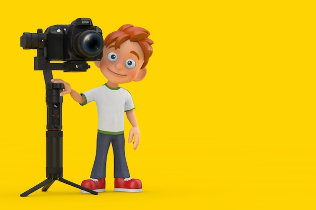 Mascote de personagem de desenho animado garotinho adolescente com DSLR ou câmera de vídeo sistema de tripé de estabilização 3d renderização
