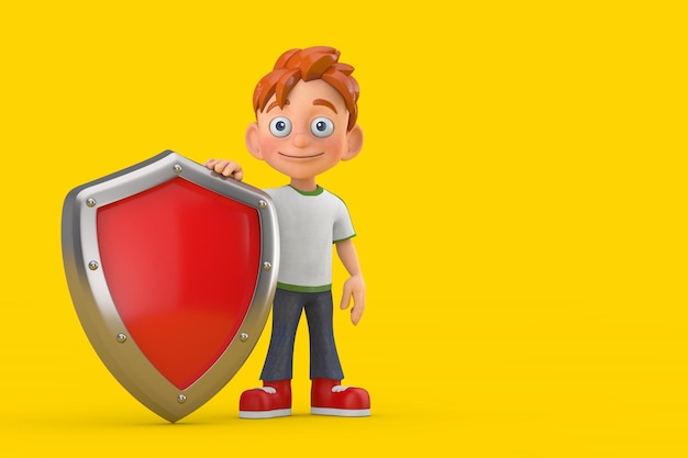 Mascote de personagem de desenho animado garotinho adolescente com escudo de proteção de metal vermelho renderização em 3d