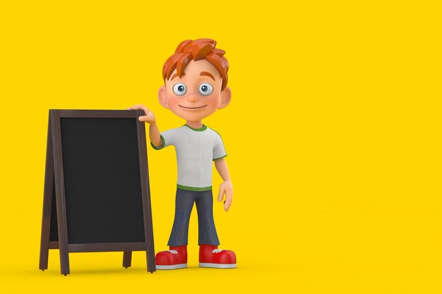 Mascote de personagem de desenho animado garotinho adolescente com lousas de menu de madeira em branco exibição ao ar livre renderização em 3d