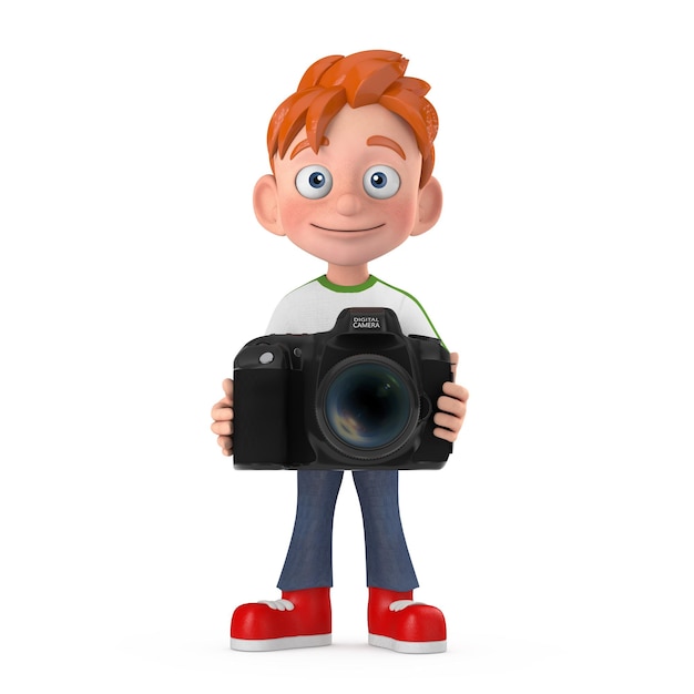 Mascote de personagem de desenho animado garotinho adolescente com renderização em 3d de câmera fotográfica digital moderna