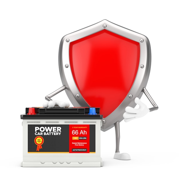 Mascote de personagem de escudo de proteção de metal vermelho e acumulador de bateria 12V recarregável de carro com etiqueta abstrata em um fundo branco. Renderização 3D