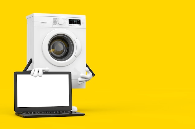 Mascote de personagem de máquina de lavar roupa branca moderna com Notebook de computador portátil moderno e tela em branco para seu projeto em um fundo amarelo. Renderização 3D