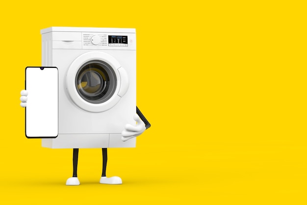 Mascote de personagem de máquina de lavar roupa branca moderna com telefone celular moderno e tela em branco para seu projeto em um fundo amarelo. Renderização 3D