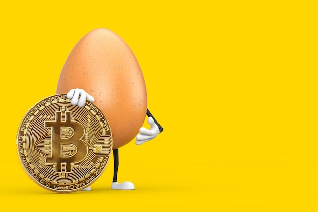 Mascote de personagem de ovo de galinha marrom com moeda digital e criptomoeda bitcoin dourado sobre um fundo amarelo. renderização 3d