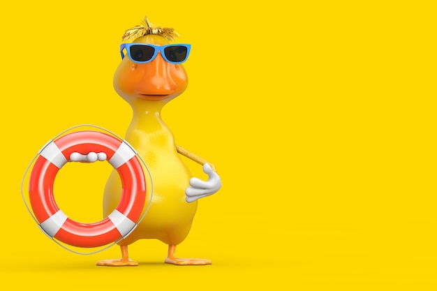 Mascote de personagem de pato bonito dos desenhos animados amarelos com bóia de vida em um fundo amarelo. renderização 3d
