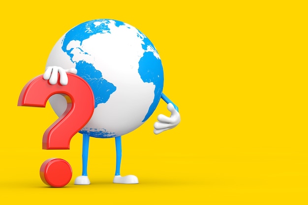 Mascote de personagem de pessoa de globo terrestre com sinal de ponto de interrogação vermelho sobre um fundo amarelo. Renderização 3D