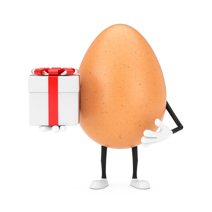 Foto mascote de personagem de pessoa de ovo de galinha marrom com caixa de presente e fita vermelha em um fundo branco. renderização 3d