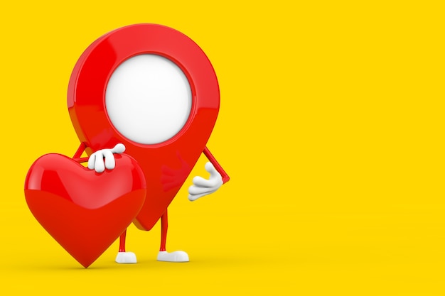 Foto mascote de personagem de pin de ponteiro de mapa com coração vermelho em um fundo amarelo. renderização 3d