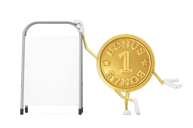 Mascote de personagem ouro programa de fidelidade bônus moeda pessoa com suporte de promoção de publicidade em branco branco sobre um fundo branco. Renderização 3D