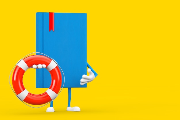 Mascote do caráter do livro azul com bóia de vida em um fundo amarelo. Renderização 3D