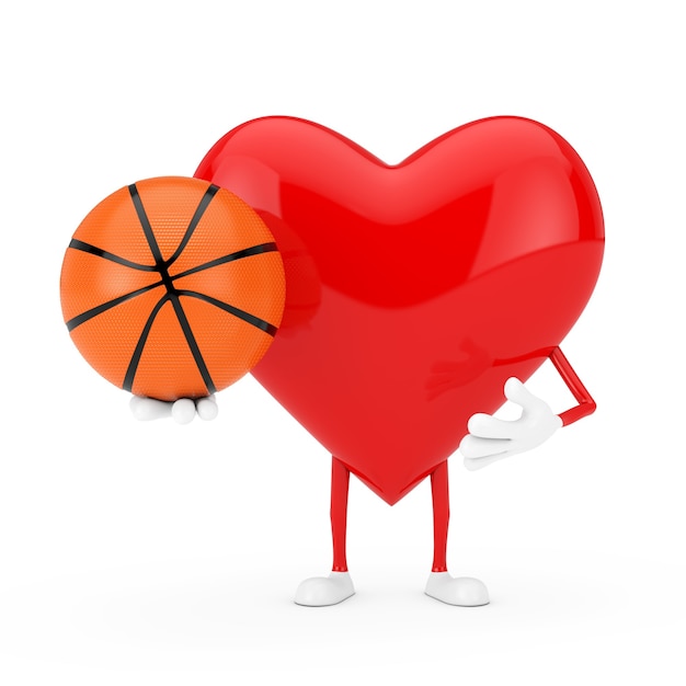 Mascote do personagem de coração vermelho com bola de basquete em um fundo branco. Renderização 3D