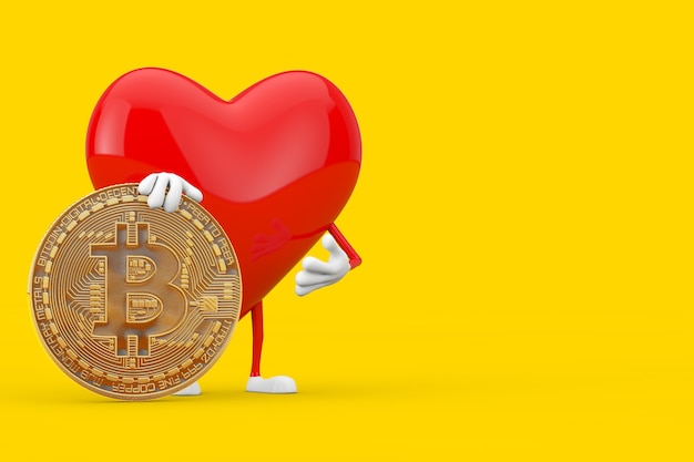 Mascote do personagem de coração vermelho com moeda digital e criptomoeda Bitcoin dourado sobre um fundo amarelo. Renderização 3D