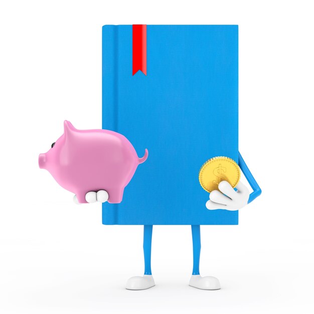 Foto mascote do personagem do livro azul com cofrinho e moeda de dólar de ouro em um fundo branco. renderização 3d