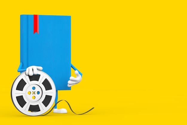 Mascote do personagem do livro azul com fita de cinema do carretel de filme em um fundo amarelo. Renderização 3D