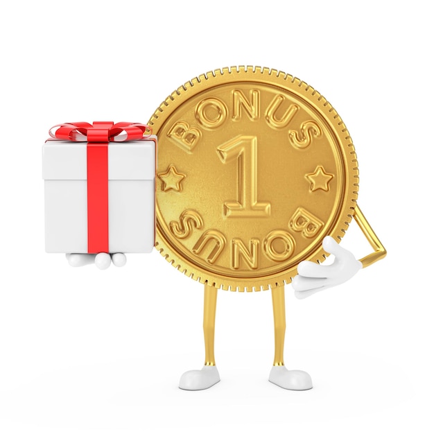 Foto mascote do personagem dourado do programa de fidelidade bonus coin person character com caixa de presente e fita vermelha em um fundo branco. renderização 3d