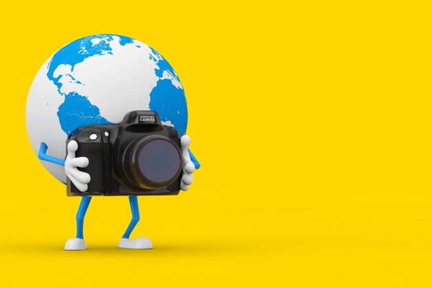 Mascote do personagem globo terrestre com câmera fotográfica digital moderna em um fundo amarelo. Renderização 3D