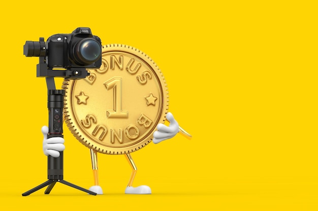 Mascote dourado do caráter da pessoa da moeda do bônus do programa de fidelidade com sistema de tripé de estabilização do balancim da câmera de vídeo ou DSLR em um fundo amarelo. Renderização 3D