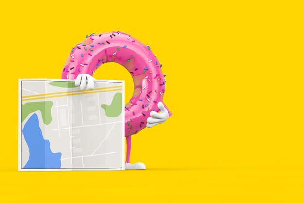 Mascote grande do personagem da rosquinha vitrificada rosa morango com mapa do plano da cidade abstrata em um fundo amarelo. Renderização 3D