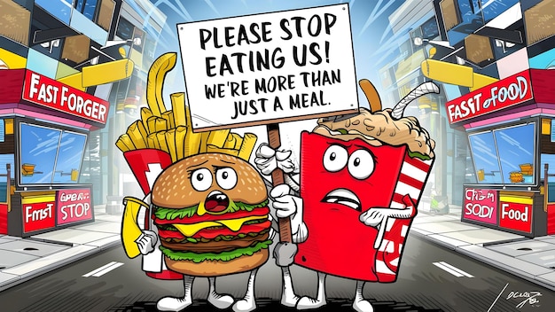 Mascotes animadas de fast food segurando um sinal pedindo para poupá-los Conceito Mascotes de fast food sinalizam humor animado