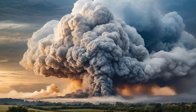 Masivas nubes de humo que se elevan contra el cielo que representan el peligro ambiental y la crisis de contaminación