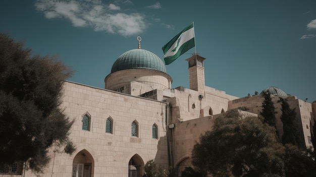 Masjid AlAqsa con la bandera palestina ondeando suavemente con la brisa