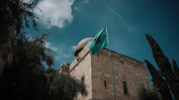 Masjid AlAqsa com a bandeira palestina balançando suavemente ao vento