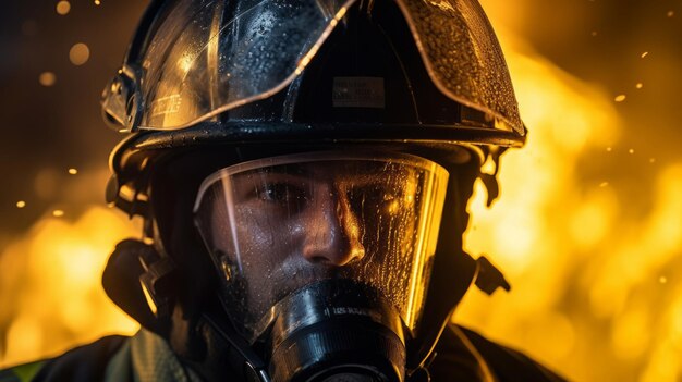 Masken-Reflexion von Feuerwehrleuten in Aktion, die eine Flamme erheben