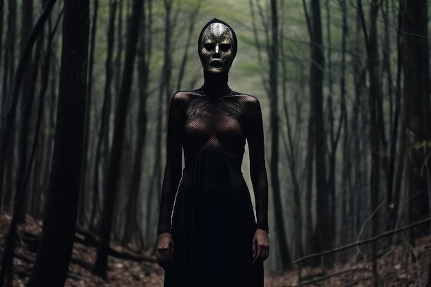 Maskierte mysteriöse Frau in einem Wald