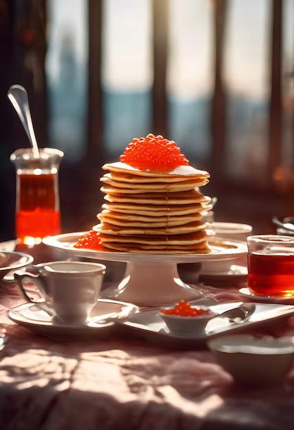 Foto maslenitsa panqueques en la mesa con caviar rojo humeando a la luz del sol