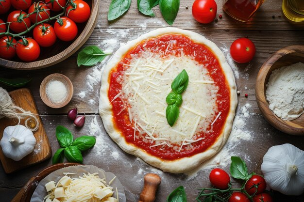 massa crua para preparação de pizza com ingrediente molho de tomate mozzarella tomates manjericão azeite de oliva queijo especiarias servidas em mesa de madeira rústica plano lay estilo italiano pizza margarita comida