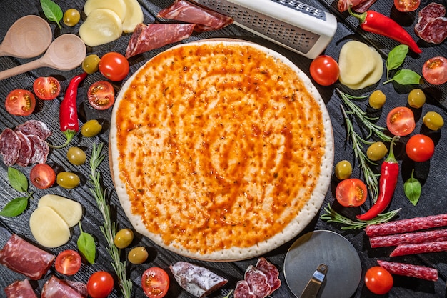 Massa crua para preparação de pizza com ingredientes