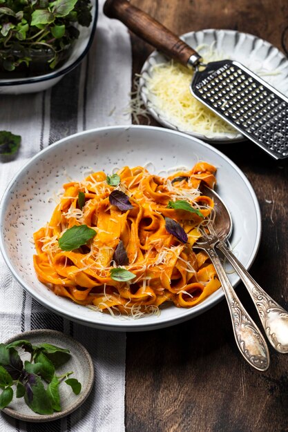 Massa de abóbora tagliatelle alla vodka com manjericão