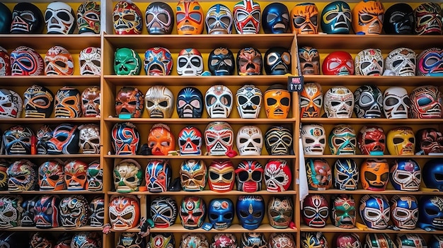 Massa de luta livre Lucha Libre colorida em uma prateleira em uma loja de souvenirs Generative AI