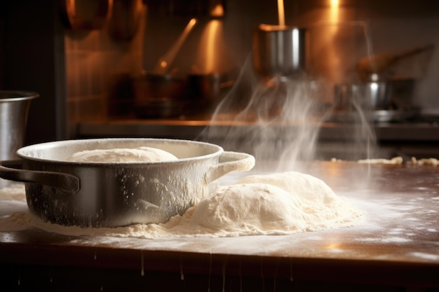 Massa de pão crescendo em uma cozinha quente