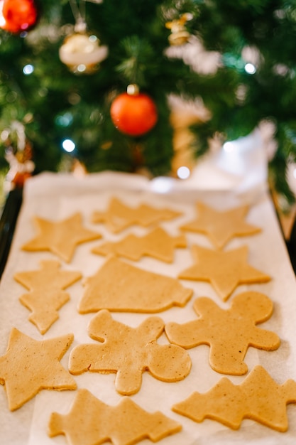 Massa de pão de gengibre na bandeja e árvore de Natal decorada