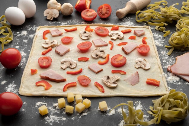 Foto massa de pizza de ângulo alto com vegetais