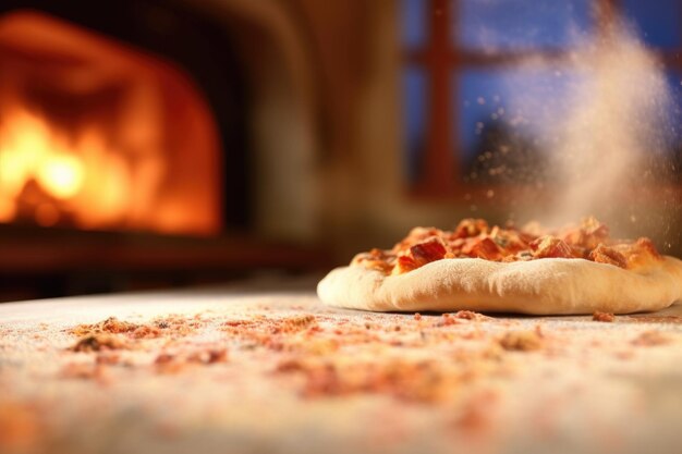 Foto massa de pizza lançada com fundo de forno de tijolos desfocado criado com ia generativa
