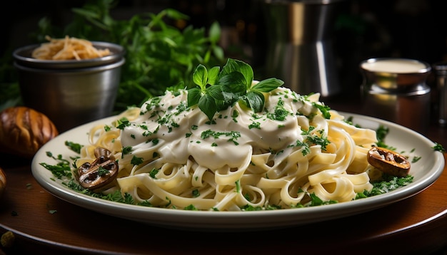 Massa fresca caseira com frutos do mar cozidos com salsa e molho cremoso gerado por inteligência artificial